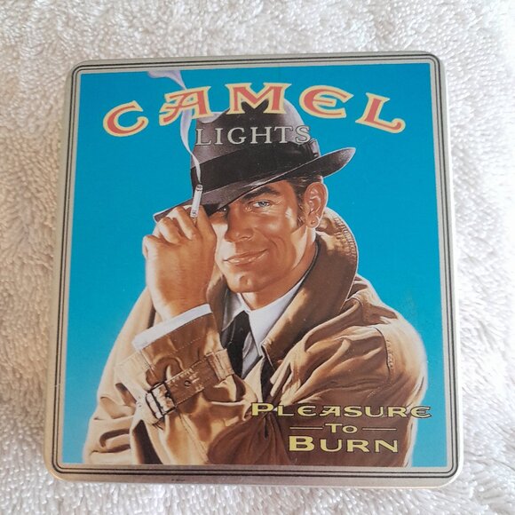 Vintage Camel Lights Tin Case Pleasure to Burn Cigarette Man Promo Pack Trench - Picture 1 of 3